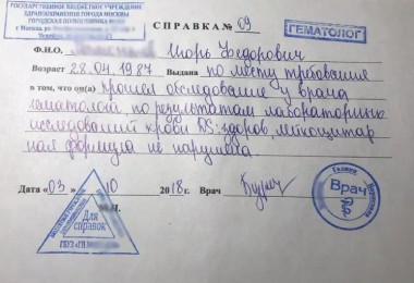Справка от врача-гематолога